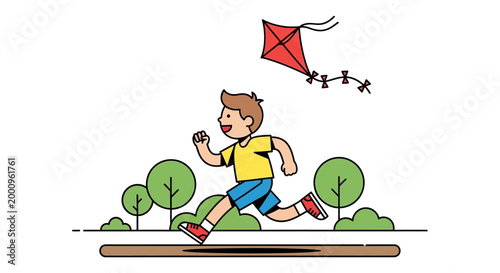 A boy runs quickly in a park flying a red kite high in the air outside