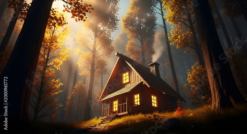 Cozy cabin in the woods a warm retreat amidst a misty forest landscape