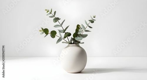 Elegant eucalyptus arrangement in a ceramic vase on a white surface