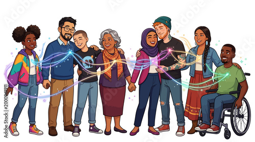 Diverse group of people standing together in unity and support with glowing connections.