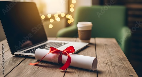Cozy christmas morning laptop coffee and gifts by the tree