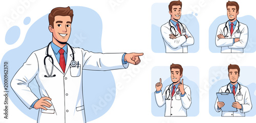 Professional male doctor character set, medical practitioner in white lab coat with stethoscope, healthcare worker cartoon vector collection