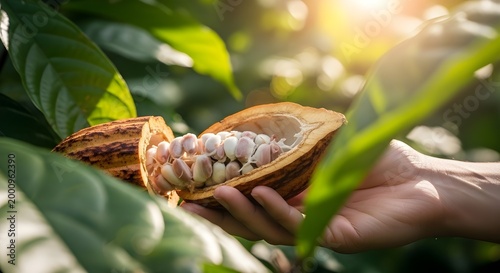 Freshly harvested cacao pod reveals creamy white beans tropical plantation scene