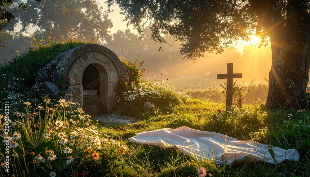 Naklejka premium Sunlit landscape with stone tomb cross and flowing white cloth