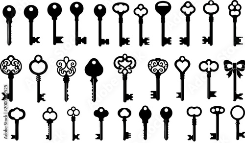 Vintage skeleton keys collection, 30 antique door key silhouettes, black ornate Victorian key vector icons for scrapbooking and logo design