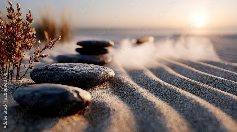 Fototapeta premium Raked sand zen garden path with balancing cairn stones and soft mist, creating a harmonious and peaceful scene for meditation and spiritual journey
