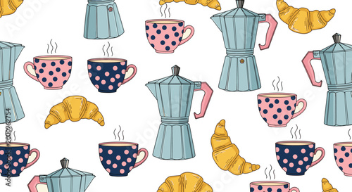 Cute Hand Drawn Seamless Coffee and Breakfast Pattern with Moka Pot Cups Croissant on White Background Design