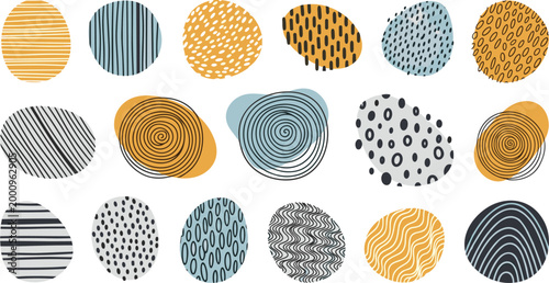
Abstract Hand Drawn Textured Circle and Oval Shape Collection in Teal Gold and Dark Blue Doodle Pattern Design