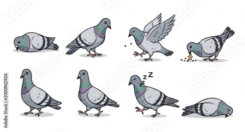 Doodle style pigeon character set cute urban bird mascot poses comic sketch vector isolated