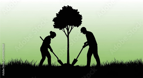 Silhouette illustration of man and woman planting a young tree together in nature representing environmental conservation and reforestation efforts