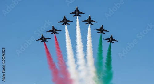 Fighter jets in vformation leaving red, white, and green smoke trails