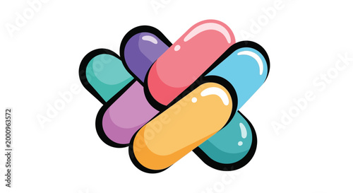 Colorful pills or capsules together.