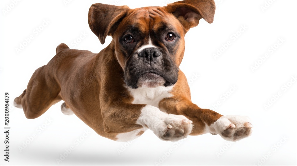 Fototapeta premium Energetic Boxer Dog Mid-Air Jump Captured in Studio Portrait on White Background
