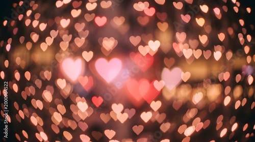 A vibrant abstract background filled with glowing heart-shaped bokeh lights, perfect for romantic themes and celebrations