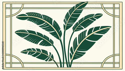 Art Deco Banana Leaf Design Golden Geometric Grid Vector Illustration Botanical Background
