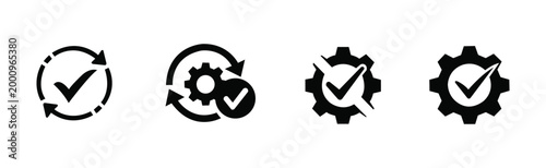 Process automation icon set. Workflow, gear settings, check mark, refresh arrows, system symbols business illustration isolated on white background