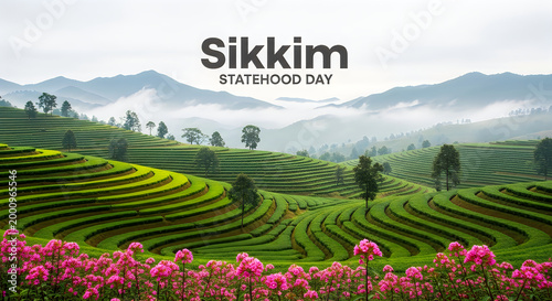 Sikkim statehood day celebration with beautiful green terraced tea gardens and pink flowers in the himalayan mountains