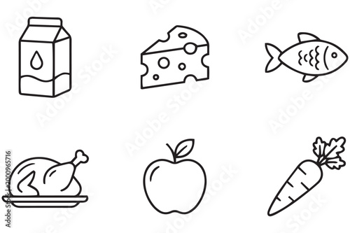 Line art food icons milk cheese fish chicken apple and carrot
