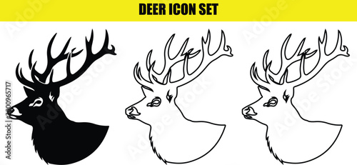 A set of three deer icons, featuring the majestic head and antlers in different graphic styles.