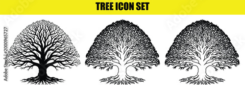 A set of three intricate tree icons, showcasing detailed branches and root systems in various styles.