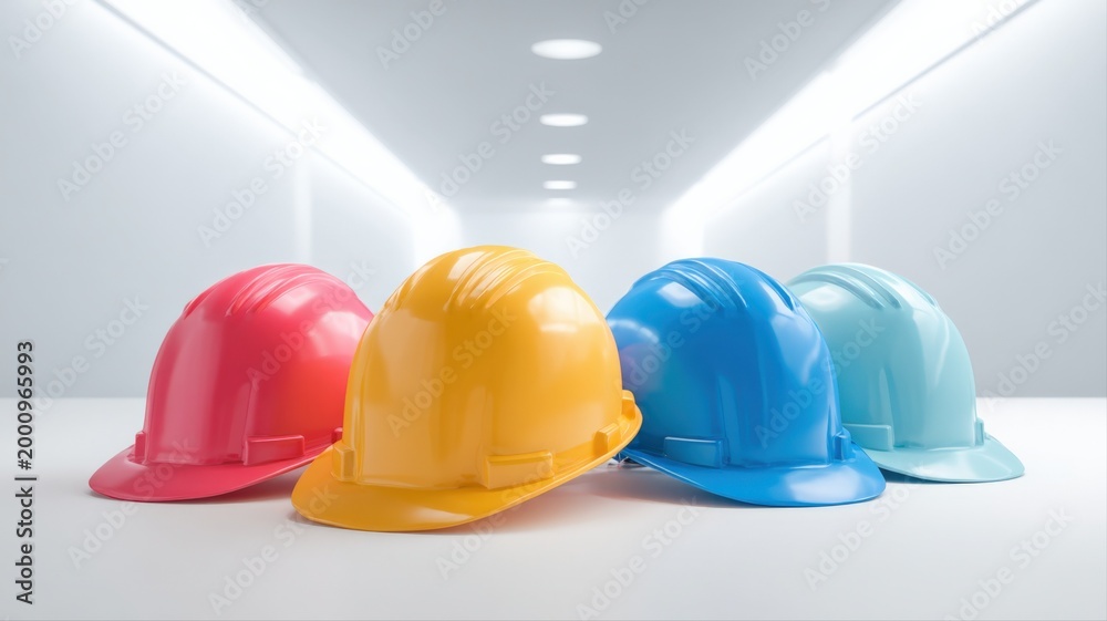 Fototapeta premium Diverse Hard Hats in Vibrant Colors Lined Up in a Modern Corridor