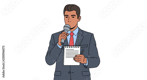 Reporter speaking into microphone and holding notes