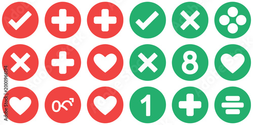 Validation and agreement icon set, red and green status circles, approval and rejection icons, confirmation and denial symbols, clean vector design elements for mobile apps, web interfaces