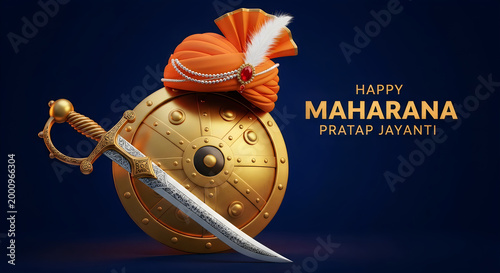 Traditional indian royal turban shield and sword for maharana pratap jayanti celebration on dark blue background