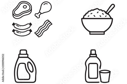 Assorted food items and household products line art collection