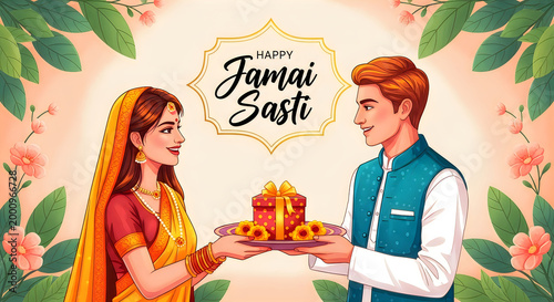 Happy jamai sasti celebration with a young indian couple exchanging a gift in traditional ethnic clothing illustration