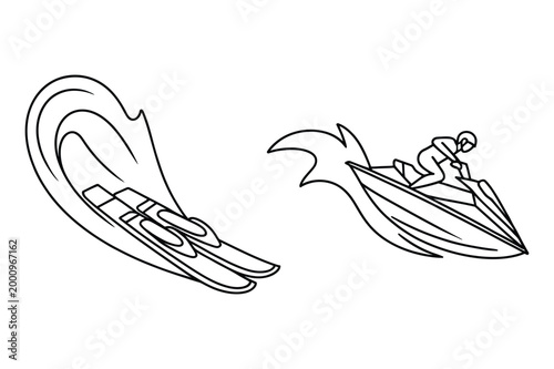 Water skiing and jet ski in action, water sport vector illustration, background