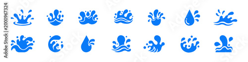 Water splash and droplet icon set. Blue liquid wave, ripple, fluid symbols, clean minimal vector illustration isolated on white background