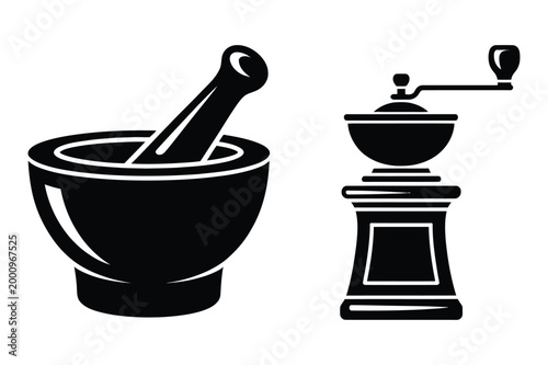Mortar and pestle with hand crank coffee grinder, kitchen utensil vector