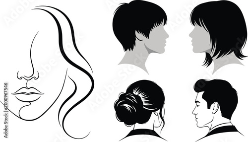 Human face and hairstyle silhouettes set with male and female profiles line art vector illustration collection