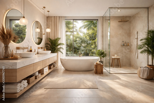 Serene Bathroom Oasis: A luxurious, light-filled bathroom sanctuary with an inviting ambiance, featuring elegant fixtures and natural elements to create a spa-like experience.