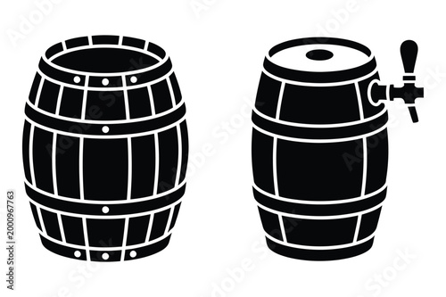 Фотография Two wooden barrels, one with a tap, black and white vector illustration