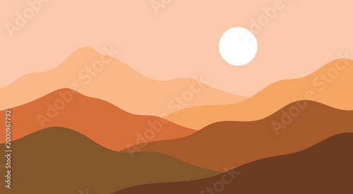 Abstract Desert Landscape with Layered Mountains and Sun Minimal Flat Vector Background