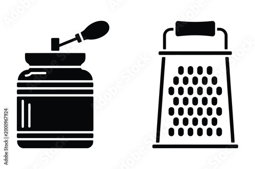 Jar with a grinder and a grater, black and white vector illustration, container