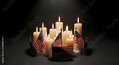 Candles illuminated in a solemn circle with American flags, evoking remembrance and patriotism