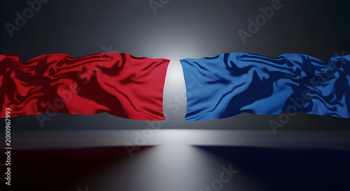 Symbolic clash of red and blue fabrics representing conflict or opposition against a dark, reflective background