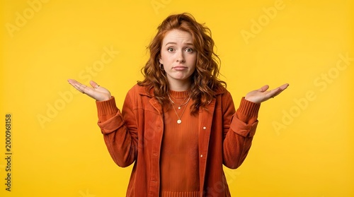 Redhead woman shrugging with confused expression. Young girl gesturing uncertainty or doubt on yellow background. Casual portrait expressing bewilderment and ignorance about something.