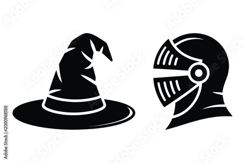 Silhouette of a witch hat and knight's helmet with wide brim sorcerer headwear