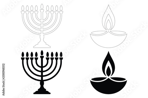 Black silhouette vector illustration of menorah and oil lamp with hanukkah