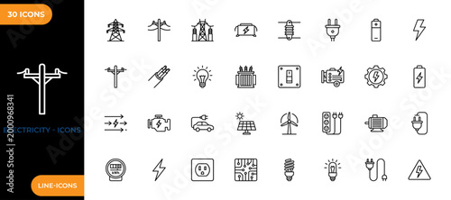 Electricity line icon set. Collection of high-quality line icons of high voltage transmission, battery storage, solar energy, wind power, and general household electrical. Vector illustration.