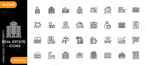 Real estate line icon set. Collection of high-quality line icons of houses, apartments, commercial buildings and construction materials. Vector illustration.