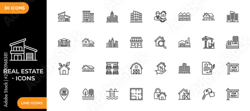 Real estate line icon set. Collection of high-quality line icons of residential houses, urban buildings and land development concepts. Vector illustration.