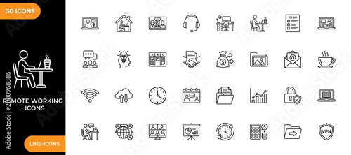 Remote working line icon set. Collection of high-quality line icons of desk, sofa, cafe, presentation, coworking, laptop, typing, meeting, freelancer, workspace. Vector illustration.
