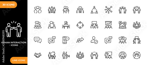 Human interaction line icon set. Collection of high-quality line icons of collaboration, public speaking, family relations, messaging, networking partnership and leadership. Vector illustration.