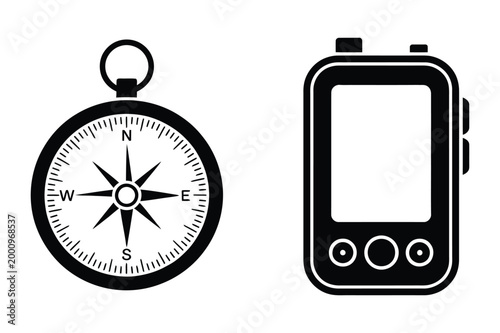 Compass and gps device icons with navigation direction technology orientation
