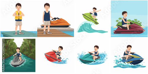 Little Boy Character Riding Jet Ski and Engaging in Various Water Sport Activities Illustration Set